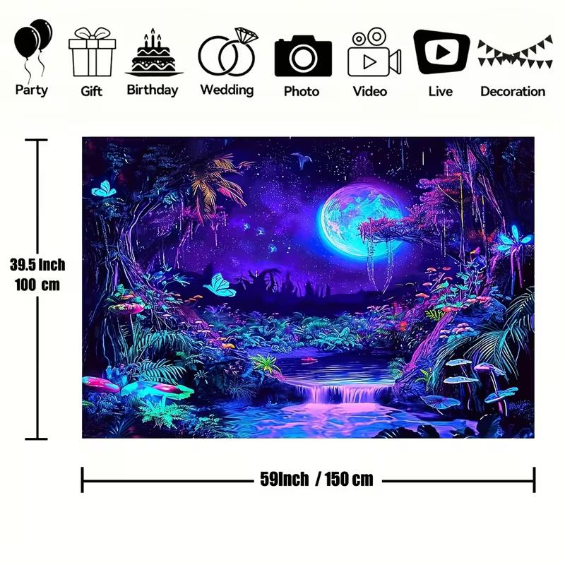 2D Blacklight Trippy Forest Tapestry Galaxy Moon Waterfall Glow In the Dark Wall Hanging