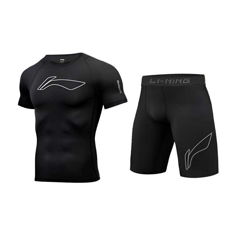 Li Ning Большой Логотип Принт Модный Тренд Тренировочный Спортивный Быстросохнущий Удобный Дышащий Короткий Рукав Компрессионная Футболка Фитнес Комплект YUDV017-2+YUSV005-2 XL