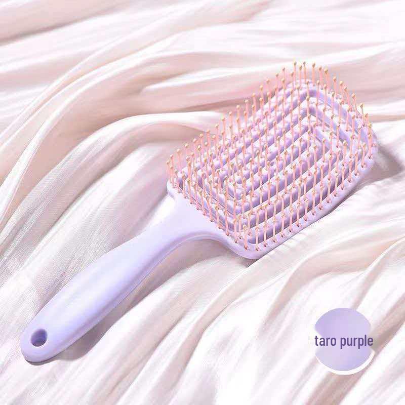 Fluffy High-Grade Scalp Massage Comb - Large Curved Styling & Teasing Comb in Maiden Pink with Double-Ended Eyebrow Brush