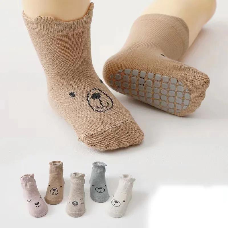 Baby Non Slip Floor Sock 5 Colored of Bear Print Infant Girl Cotton Socks Solid Autumn Anti Slip Children's Knee Sock