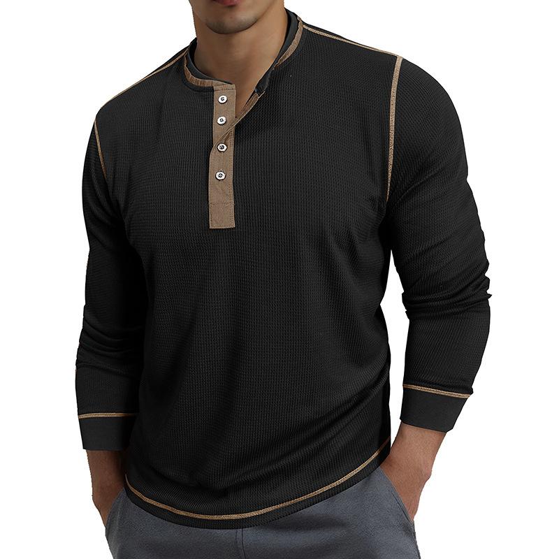 Men's Round Neck Contrast Color Long Sleeve POLO Shirt T-shirt Undershirt Retro British Style Bottoming Tees
