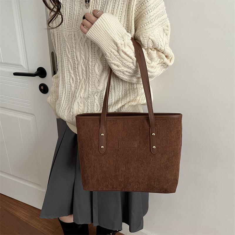 New Simple Handbag Large Capacity Corduroy Tote Bag Simple Commuter Bag Comfortable and Versatile Texture Shoulder Bag