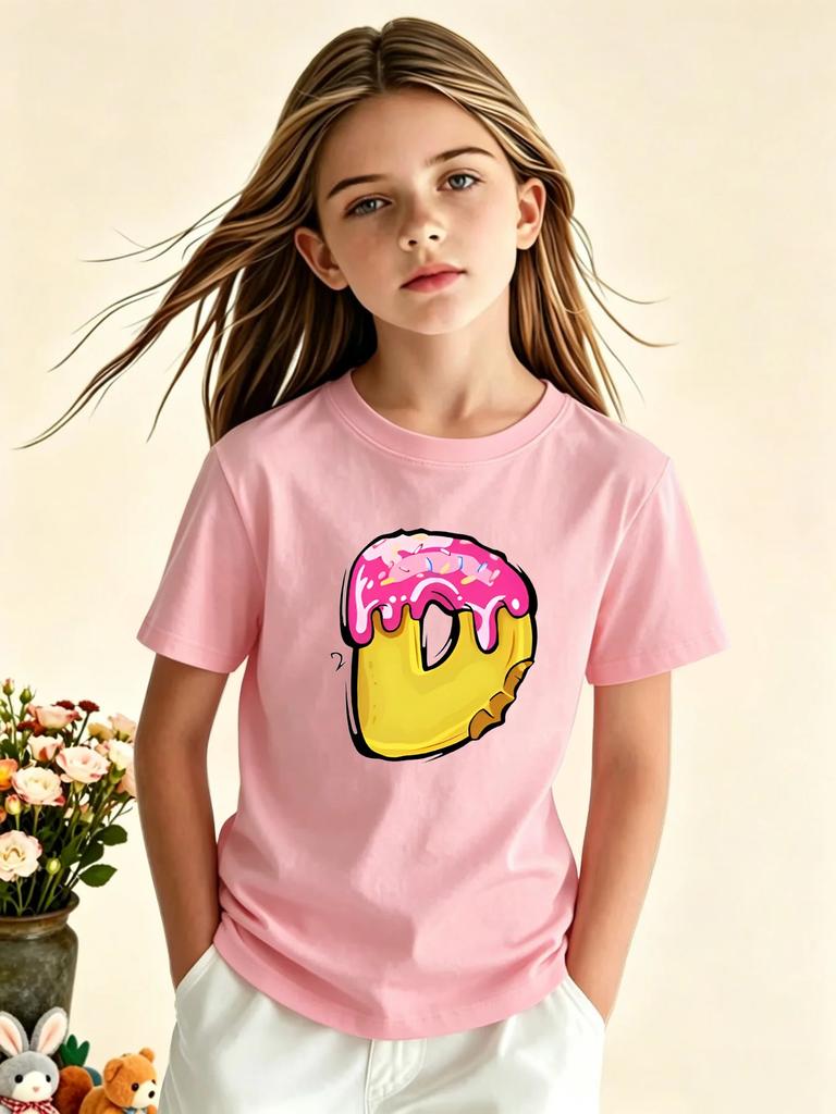 Cute D Shaped Donut Graphic Short Sleeve Tee For Girls Crew Neck Lightweight Summer Casual Sweet Dessert Print Kids Daily Basic