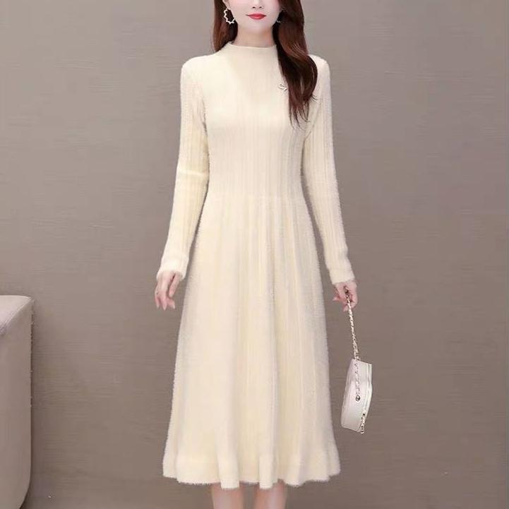 Long Knitted Dress for Women Autumn Solid-color Sweater Dress Imitating Mink Fur Cinched Waist and Trendy Solid-color Long-sleeved Knitted Sweater