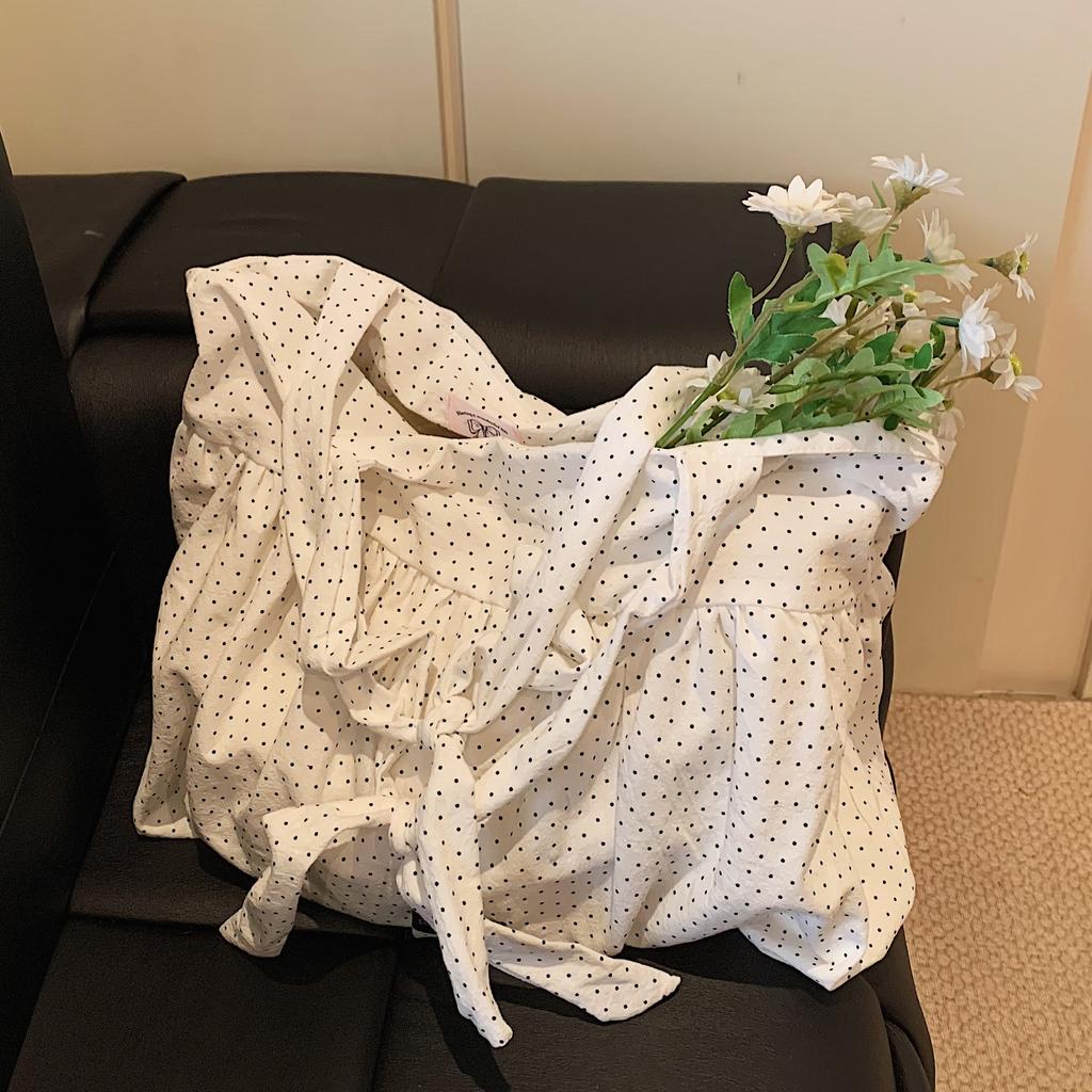 Lazy Wind Large-Capacity Cloth Bag Textured Girl Shoulder Bag White Polka Dot Canvas Tote Bag