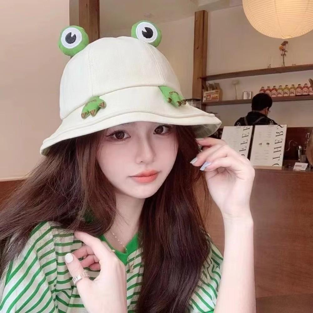 New Cute Frog-Shaped Cartoon Frog Bucket Hat Big Eyes Pattern Foldable Panama Fishing Cap Funny Cotton Basin Hats Summer