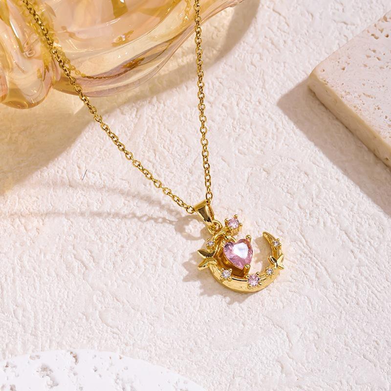 Korean Style Pink Heart & Butterfly Moon Necklace - Clavicle Chain Gift for Best Friend's Birthday
