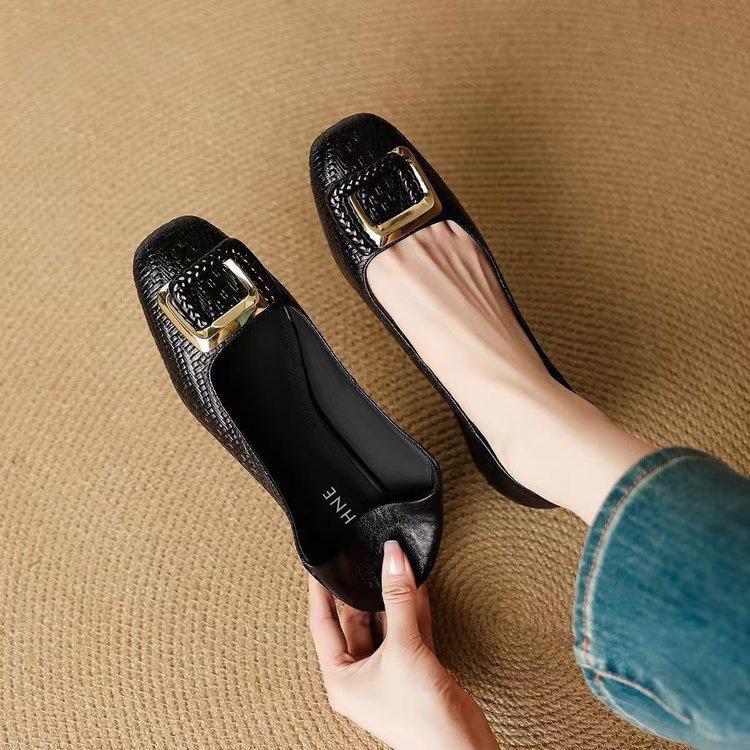 French Soft Leather Retro Shallow Mouth Single Shoes Autumn New Square Head Shoes Soft Sole Wear-resistant