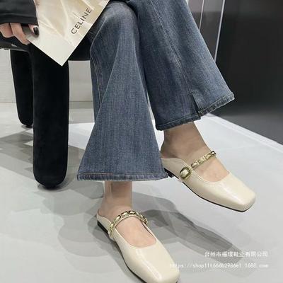2025 Summer New Square Head Bag Head Slippers Outdoor European and American Women's Shoes Shallow Mouth Half Drag Sandals Net Red Casual Versatile