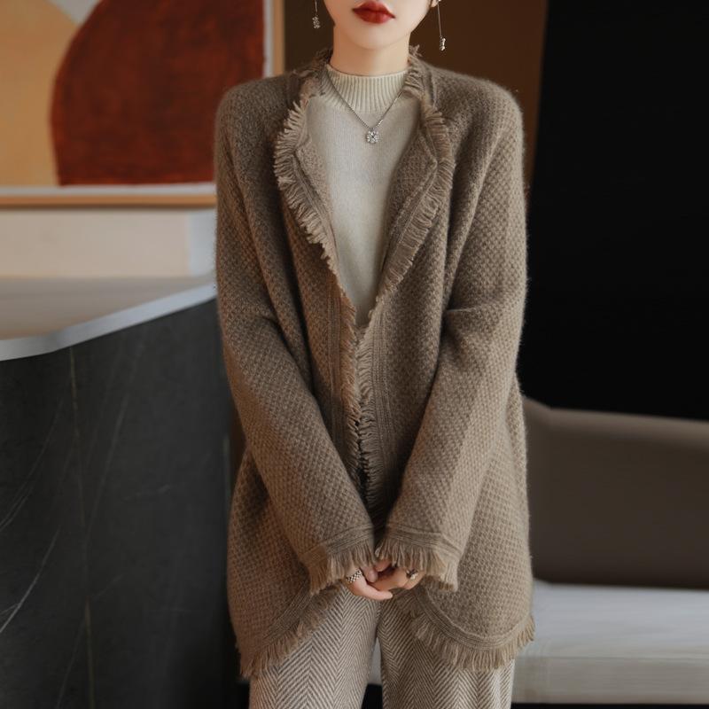 Korean New Soft Waxy Medium And Long Rough Edge Knitted Sweater Women'S Casual Lazy Style Small Sweater Cardigan Jacket Tide