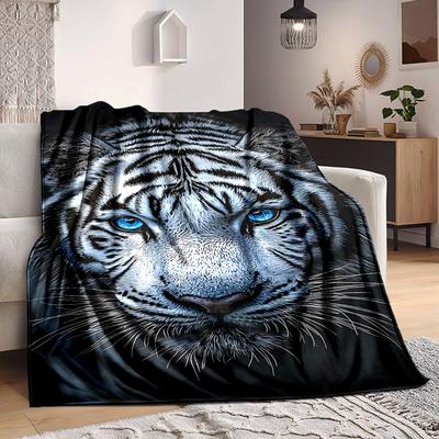 1pc White Tiger Soft & Warm Polyester Knit Blanket, Digital Printed, All-Season Throw for Napping, Traveling, Sofa Yy250906040