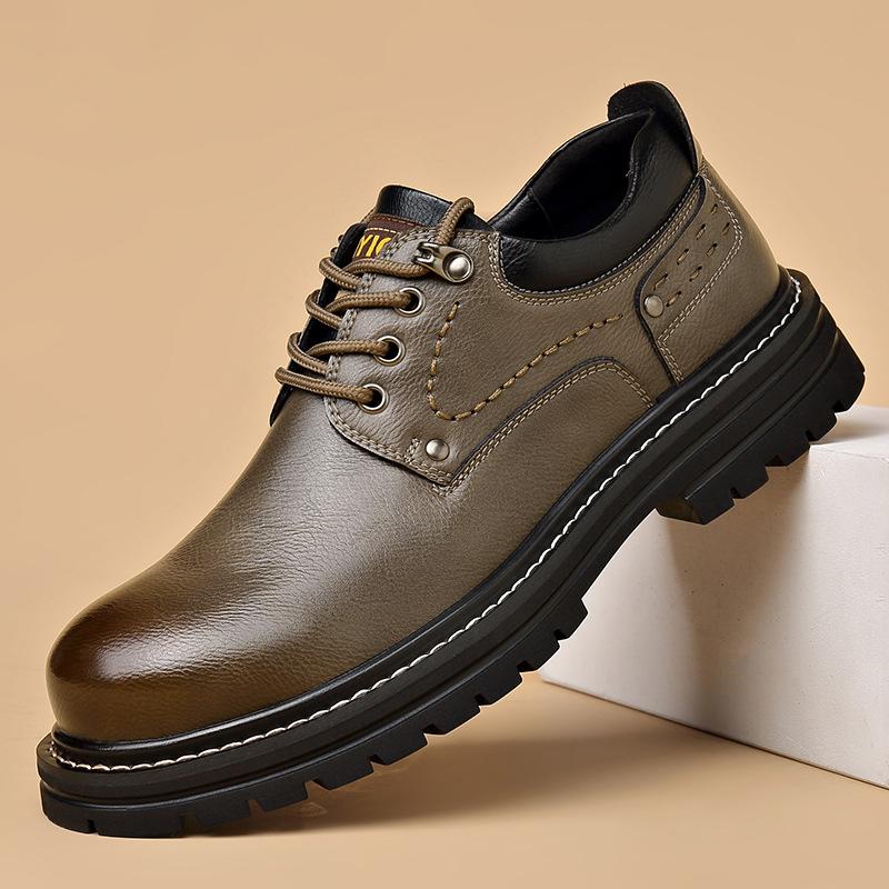 Men's Leather Casual Work Shoes Non-slip Thick Rubber Sole Stylish Low-top Boots Comfortable Outdoor Trendy Casual Shoes for Men