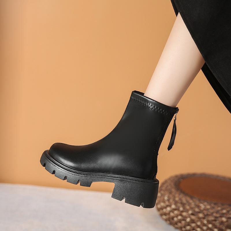 thick-soled Martin boots women's new spring and autumn single boots rear zipper round head thick heel thin short boots