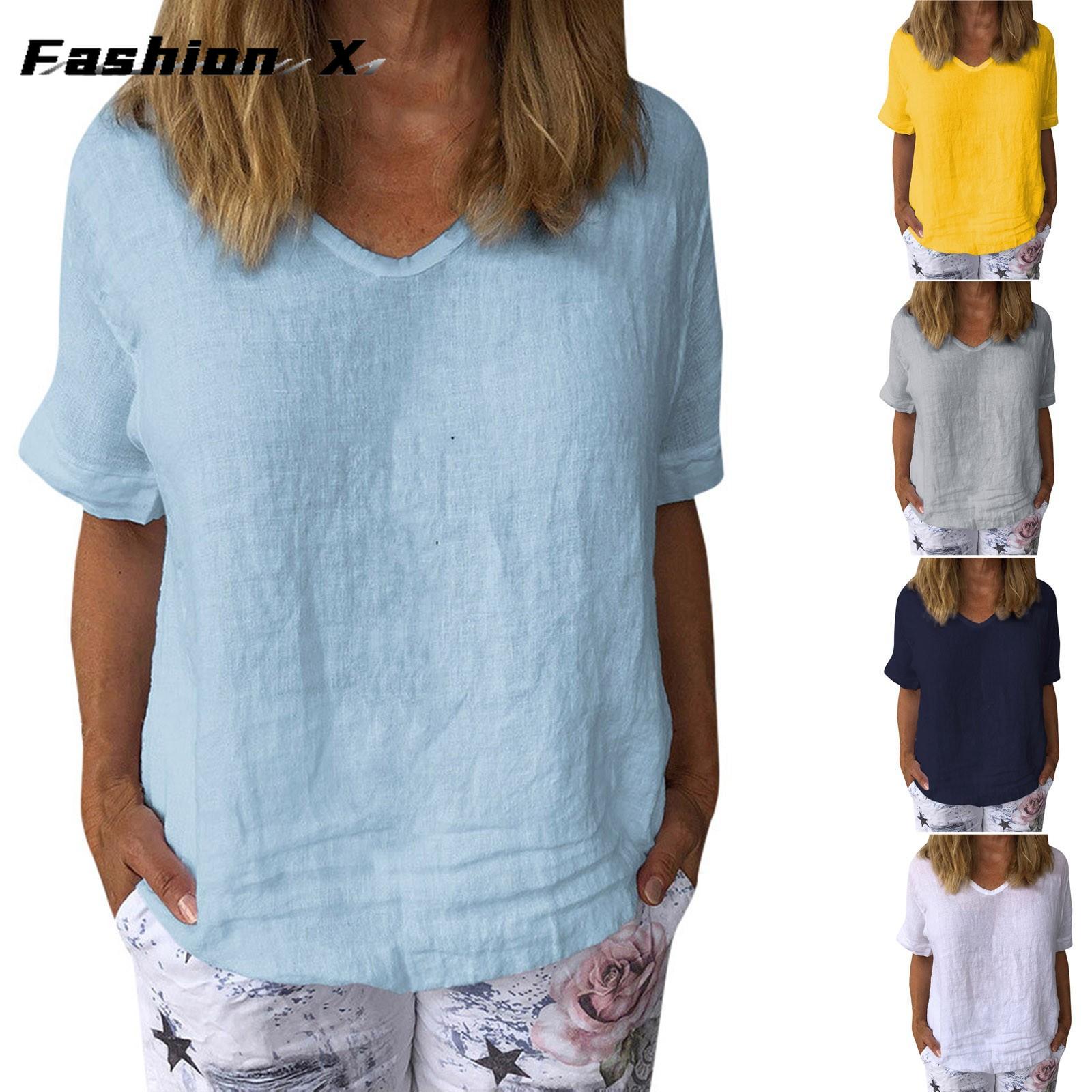 Женская хлопково-льняная футболка с короткими рукавами — фото 7