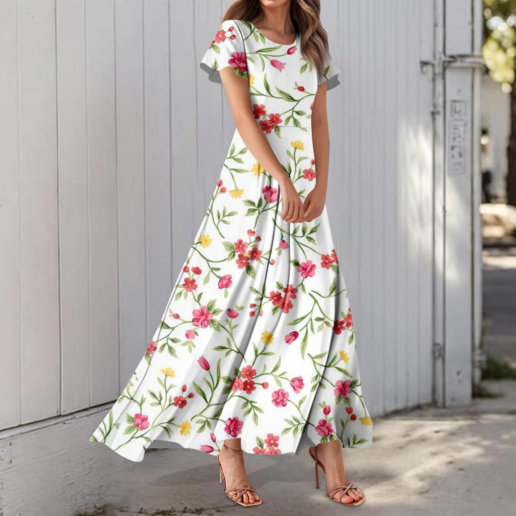 Damenkleid mit Hawaii-Print, lässig, Rundhalsausschnitt, kurzärmelig, hohe Taille
