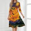Women's Casual Midi Dress Halloween Print Round Neck Three Quarter Sleeve Mid-Length Dress Comfortable Fit