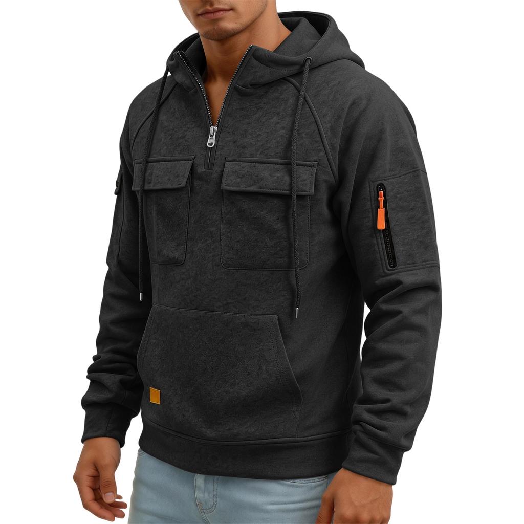 Men's Quarter-Zip Cargo Hoodie with Multi-Pockets Casual Sweatshirt for Everyday Wear