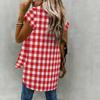 Women Plus Size Brown Blue Plaid Printed Collared Neck Short Sleeve Button Front High Low Curved Hem Shirt