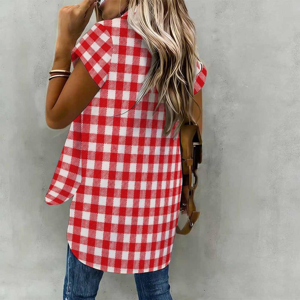 Women Plus Size Brown Blue Plaid Printed Collared Neck Short Sleeve Button Front High Low Curved Hem Shirt