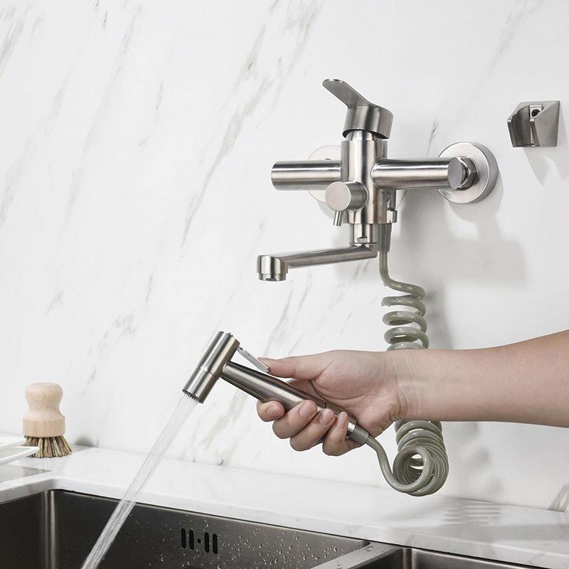 Alenartwater Kitchen Faucet Wall Mounted Rotable Sink Tap Dual Hole Single Handle Cold and Hot Water Mixer