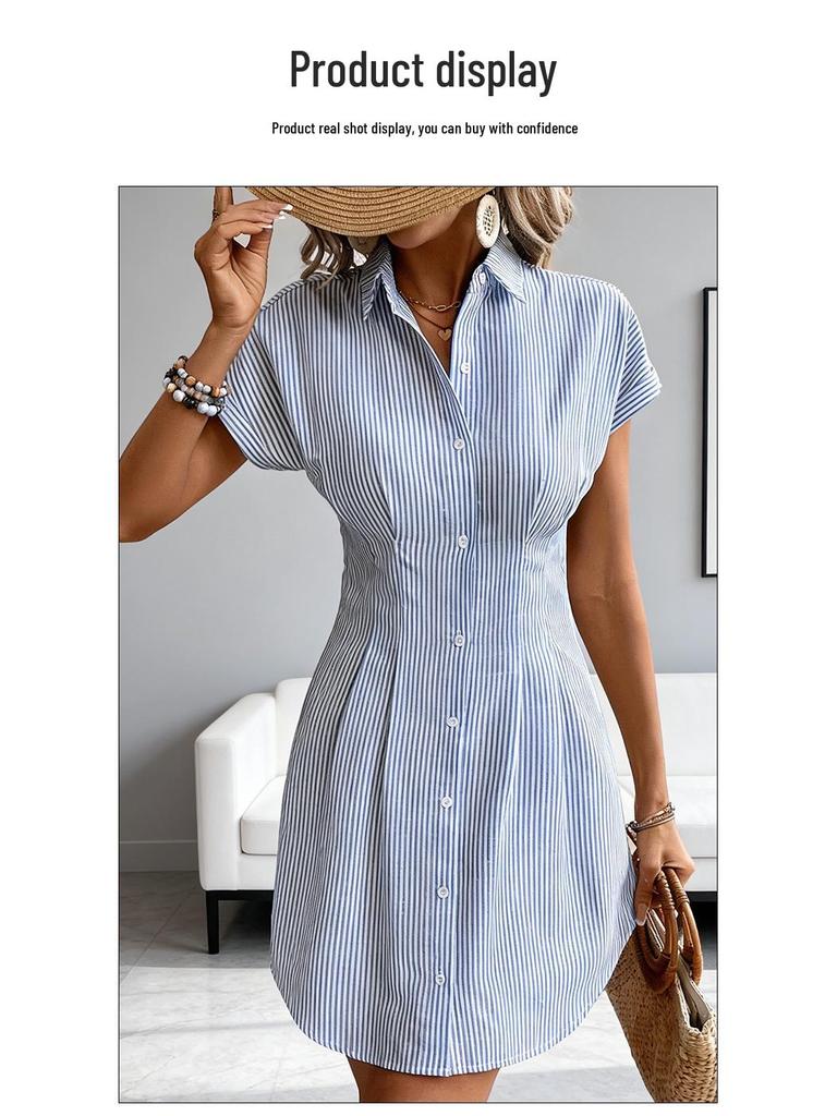 2026 Women's Blue Striped Short-Sleeve Mid-Length Shirt Dress