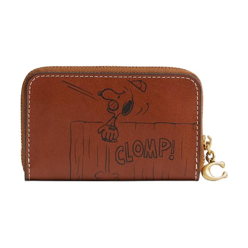 COACH PEANUTS Collaboration 11 Newspaper Printed Zipper Closure Leather Card Holder Regular Women's Hazelnut hazelnut color