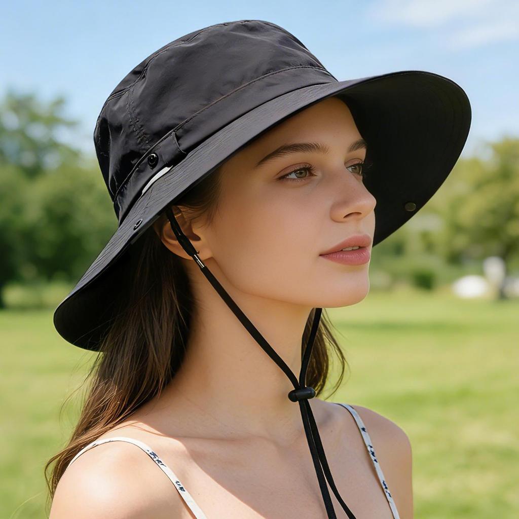 Chapeau seau de protection solaire avec mentonnière coupe-vent, Chapeau de pêche d'extérieur à large bord pour hommes femmes