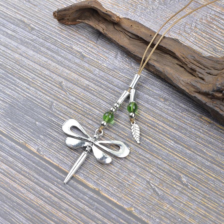 Vintage Dragonfly Necklace Green Beads Bohemian Jewelry Adjustable Rope Gift