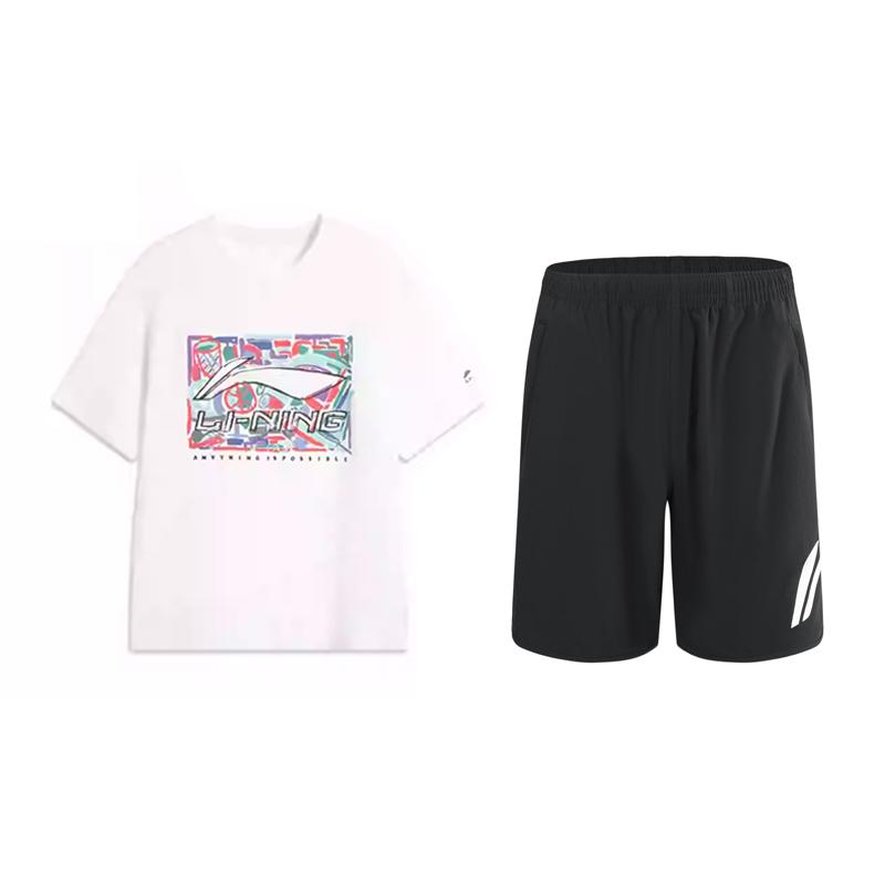 

Li Ning SS25 Простой Универсальный Короткий Рукав Удобный Дышащий Пятиточечные Брюки Повседневный Спортивный Костюм Унисекс Костюм Белый Черный AHSV291-1+YKSU157-2 M