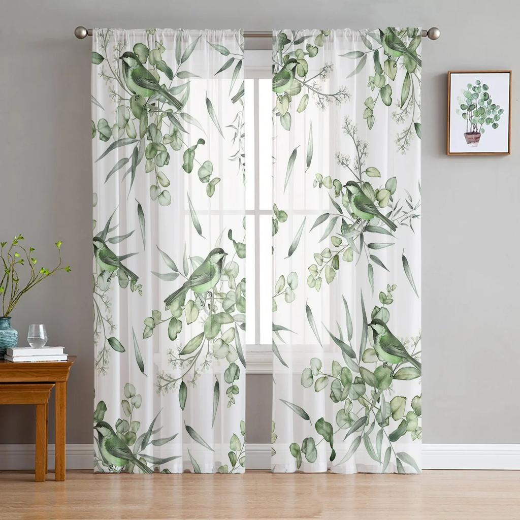 Summer Green Leaves Bird Watercolor Sheer Curtains for Living Room Decoration Window Curtain Kitchen Tulle Voile Organza Drapes