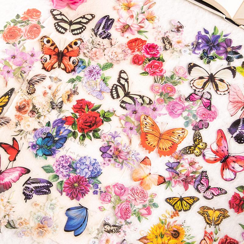 50Pcs Colorful Butterfly & Flower Sticker Pack Forest Fresh Mixed Style Journal Scrapbook DIY Supplies
