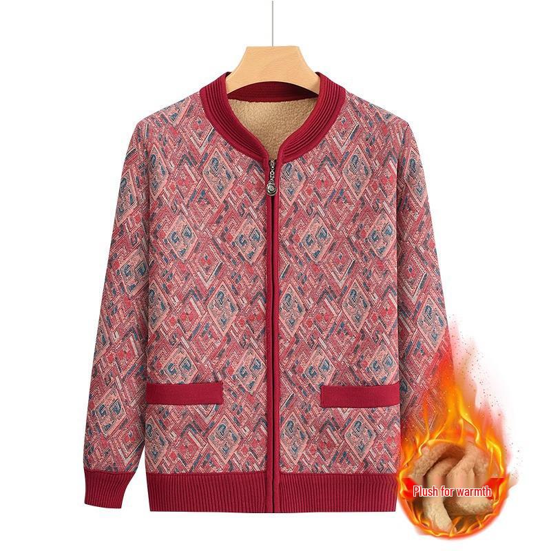Women s Fleece-Lined Knitted Cardigan - Cozy AutumnWinter Sweater for Elderly 4XL 135-155 Jin 3628₽