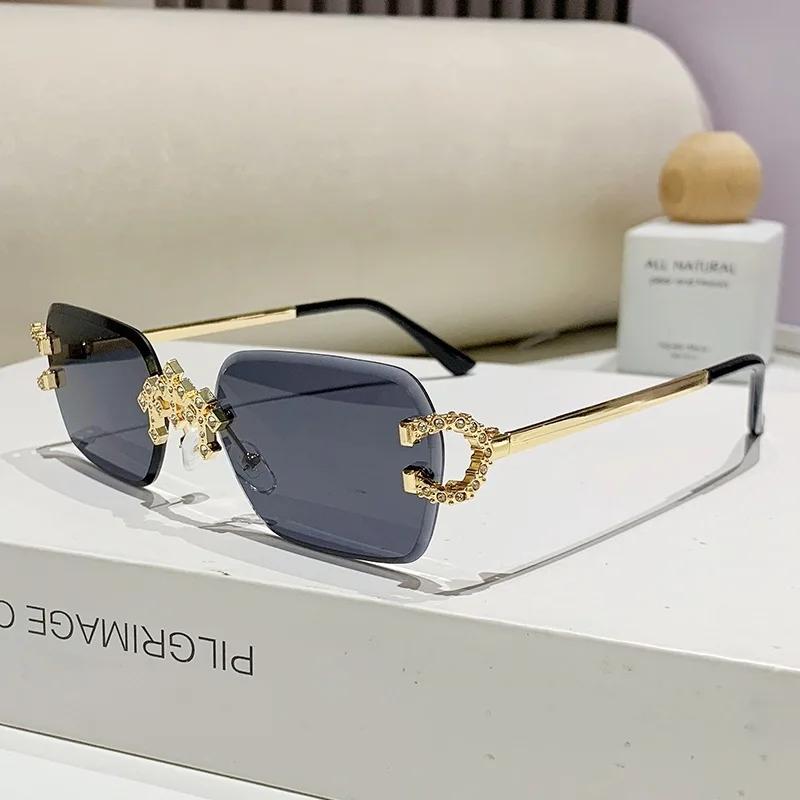 Vintage Y2k Rimless Square Cutting Lens Sunglasses Women For Men Luxury Brand Designer Popular Punk Diamond Cross Eyewear UV400