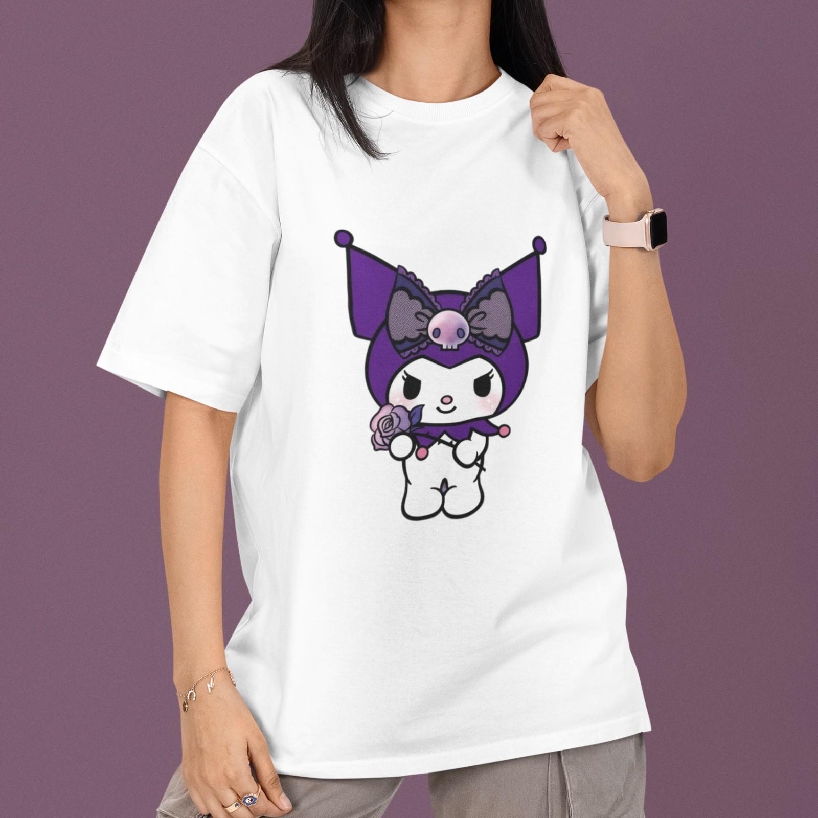 Kuromi T-Shirt Sanrio Gothic Cute Character Tee Purple Rose Design Kawaii Top S