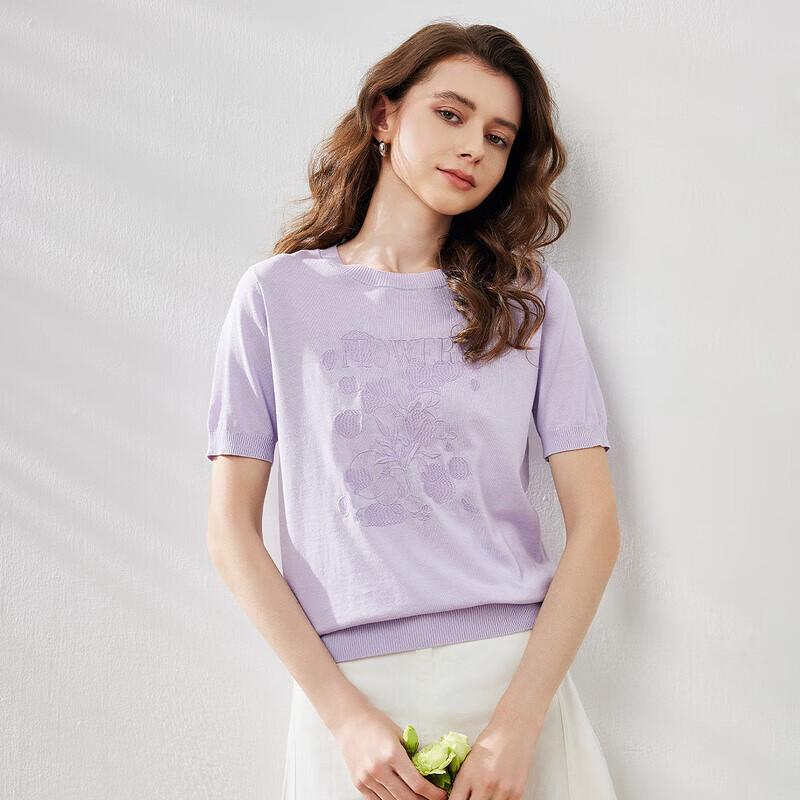 Kemengboka Damen besticktes Rundhals-Kurzarm-T-Shirt aus Maulbeerseidenmischung