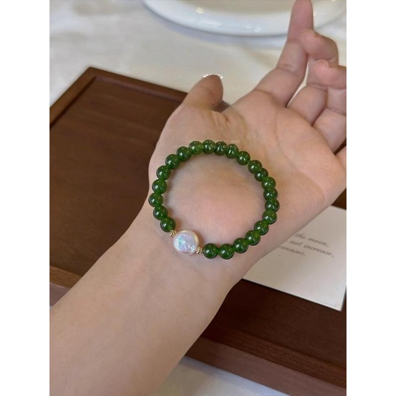 Green Jasper Irregular Freshwater Pearl Bracelet - Elastic Adjustable Bead Necklace - Small-sized Agate Bracelet for The Niche Market