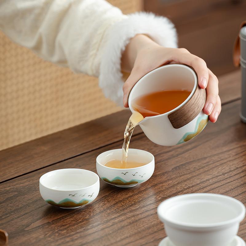 Portable travel tea set, small set, one pot, two cups, outdoor camping equipment, portable teapot, ceramic express cup