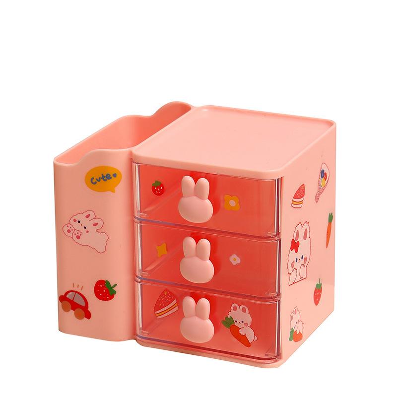 

3-ярусный органайзер для стола с выдвижными ящиками, многофункциональный держатель для канцелярских принадлежностей с милыми ручками в форме кроликов, материал PP 1PC