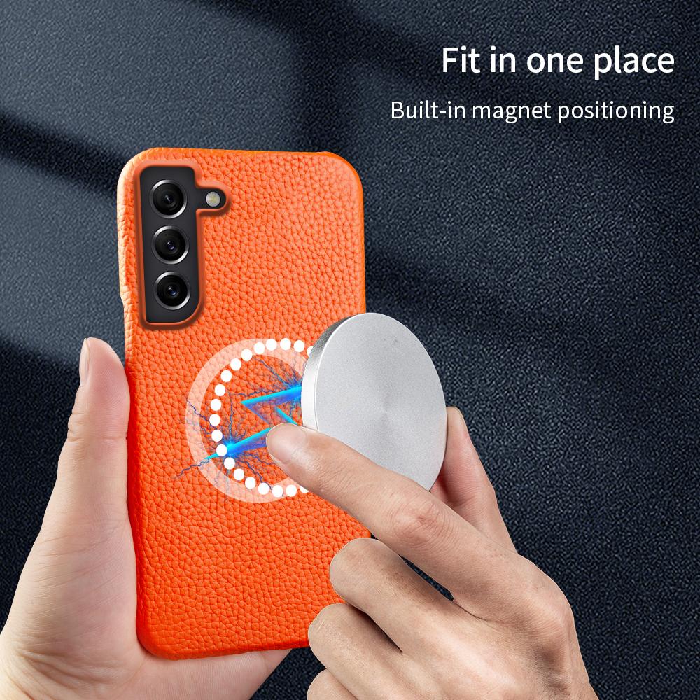 For Samsung Galaxy S21 FE 5G Litchi Texture Magnetic Case Genuine Cow Leather Coated PC Shockproof Phone Cover