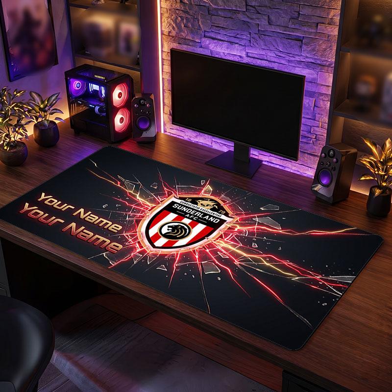 Sunderland FC Custom Large Mouse Pad, Personalized Name Text Print, Football Logo Non‑Slip Desk Mat Gaming Gift
