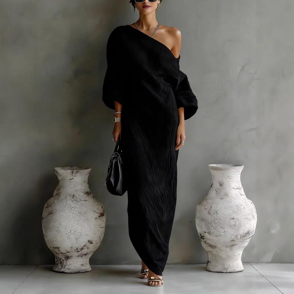 Einschulter-Langes Kleid, Elegantes Bodycon-Kleid mit Ärmeln, Schulterfreies Midi-Abendkleid