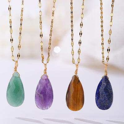Natürlicher Kristallanhänger, Weißkiefer, Tigerauge, geschliffene Oberfläche, Wassertropfen-Kristallhalskette, Böhmischer Schmuck