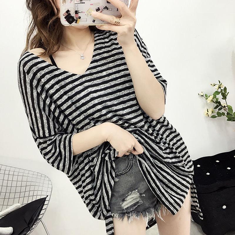 

2023 Summer Female Clothing Oversize Striped V-neck Loose Midi Tops Women Korean Style Fashion Comfortable Short Sleeve T-shirt 4XL чёрный