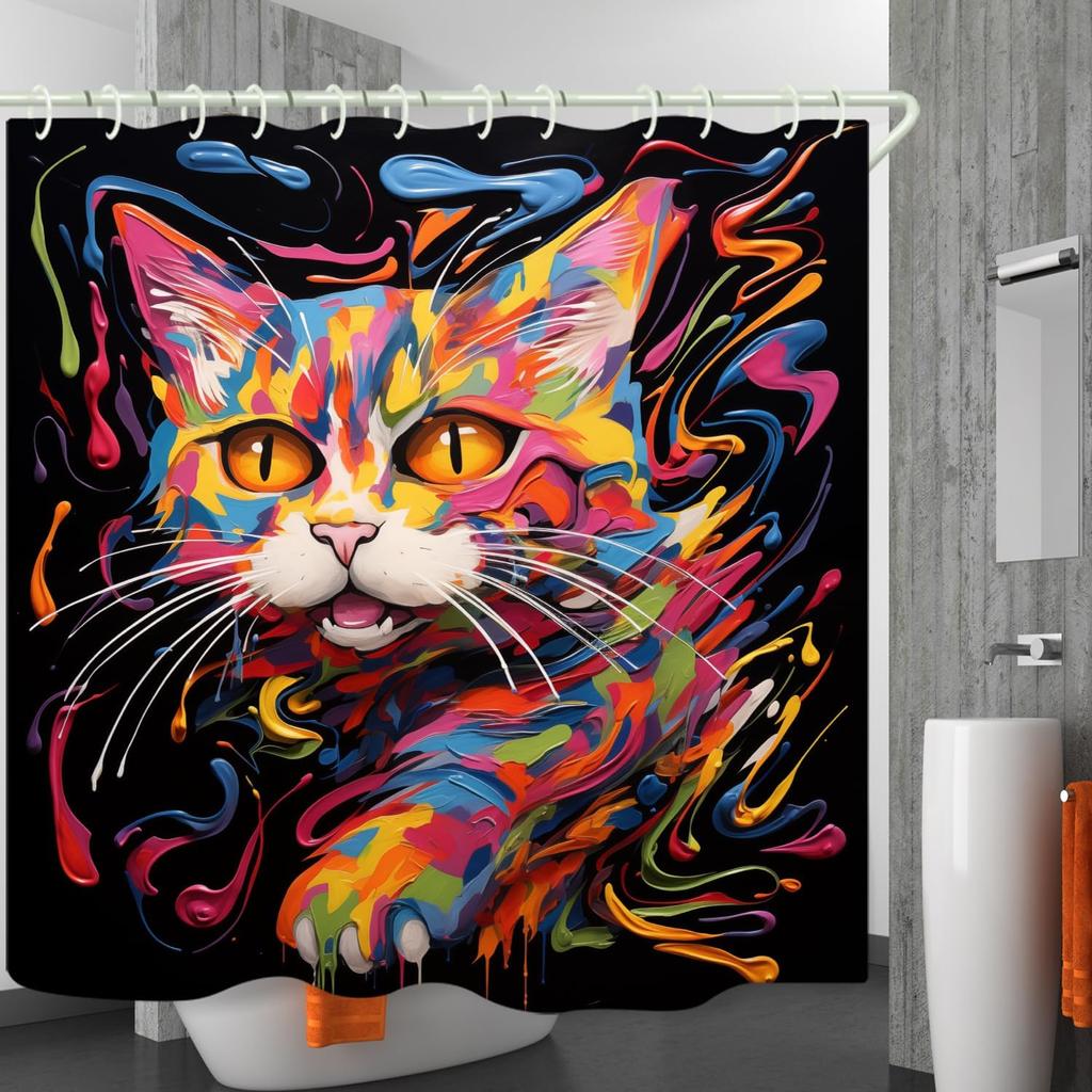 Bathroom Using Colorful Oil Painting Cat 3D Shower Curtain, Luxury Bathtub Standard Shower Curtain, Waterproof and Bright Fabric