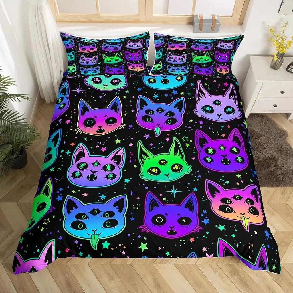 Juego de Funda Nórdica de Gato Colorido Tamaño Queen, Juegos de Ropa de Cama de Gato con Arte Abstracto, Juego de Funda de Edredón de Gato Lindo para Niñas Niños Funda de Colcha
