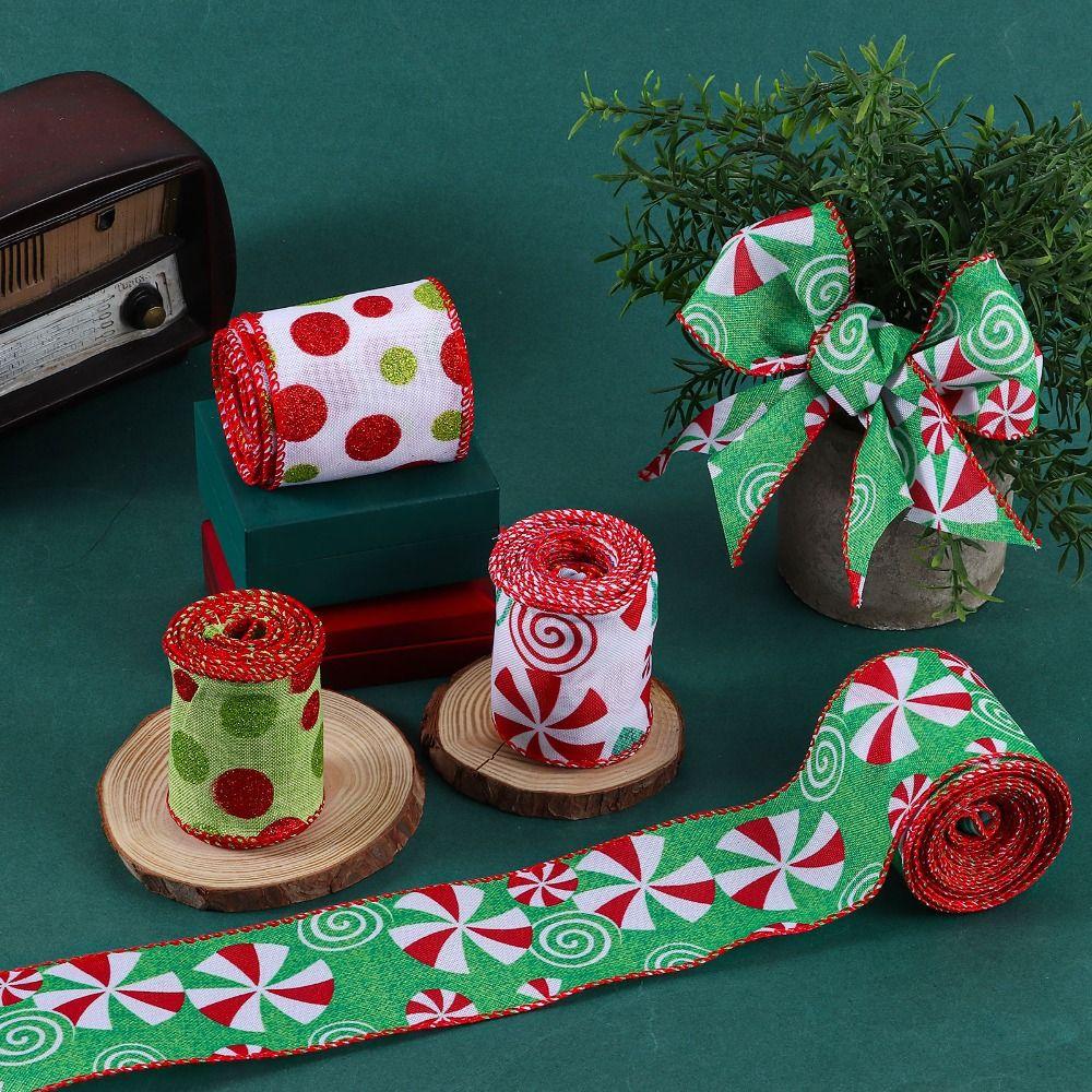 

4 рулона, 20 ярдов, полиэстеровая рождественская лента с перечной мятой и завитками в несколько точек