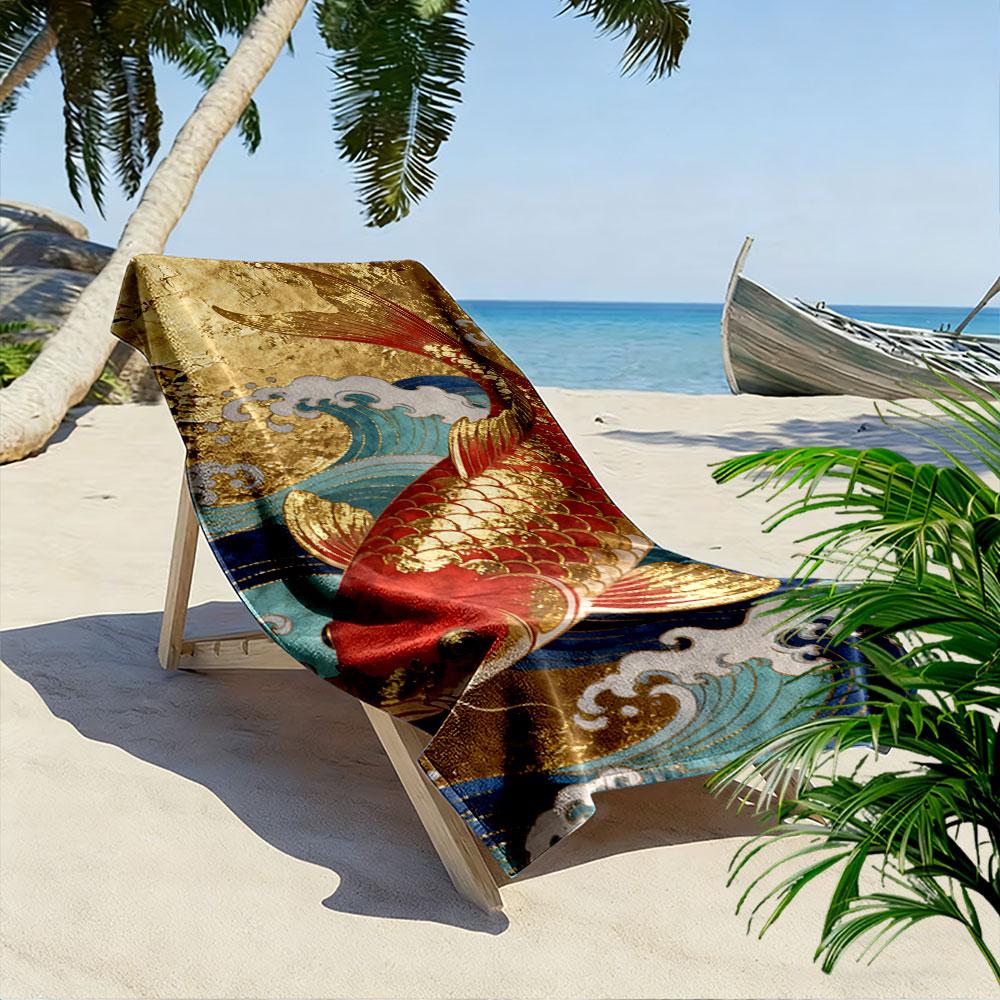 Gold Koi Fish & Waves Design A must-have beach towel for beach travel