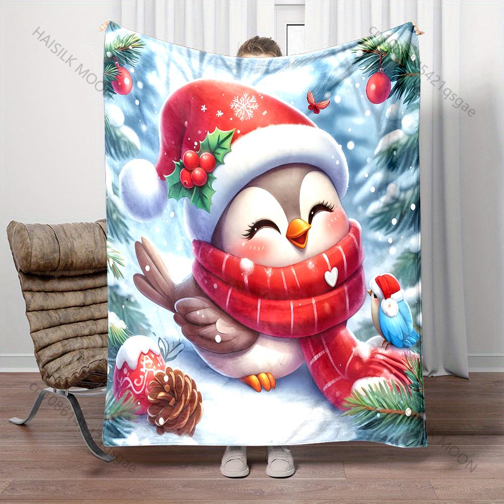 1PC Festive Penguin with Red Scarf Pattern Blanket Flannel Material Soft Warm for All Seasons Home Outdoor Camping Picnics RV