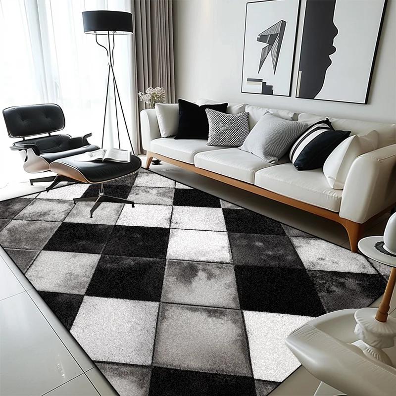Moderní geometrický kostkovaný koberec pro obývací pokoj, domácí dekorace, měkké koberce s velkou plochou, ložnice, protiskluzové, pratelné podložky k posteli