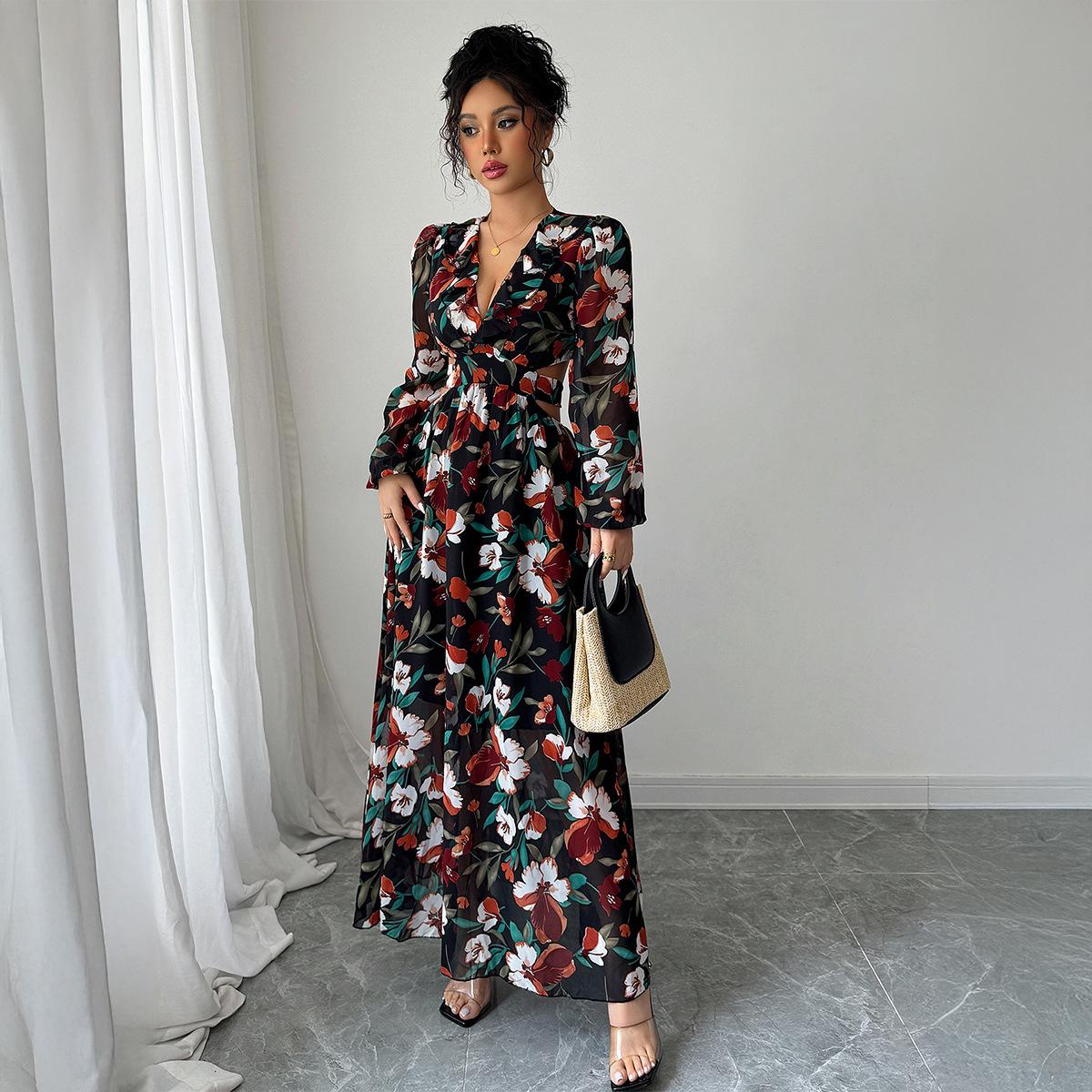 Cross-border elegant printed V-neck dress for women s spring and summer independent site for elegant temperament S